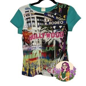 VTG Los Angeles Hollywood Souvenir Graphic Tee Teal Y2K Rhinestone S Streetwear